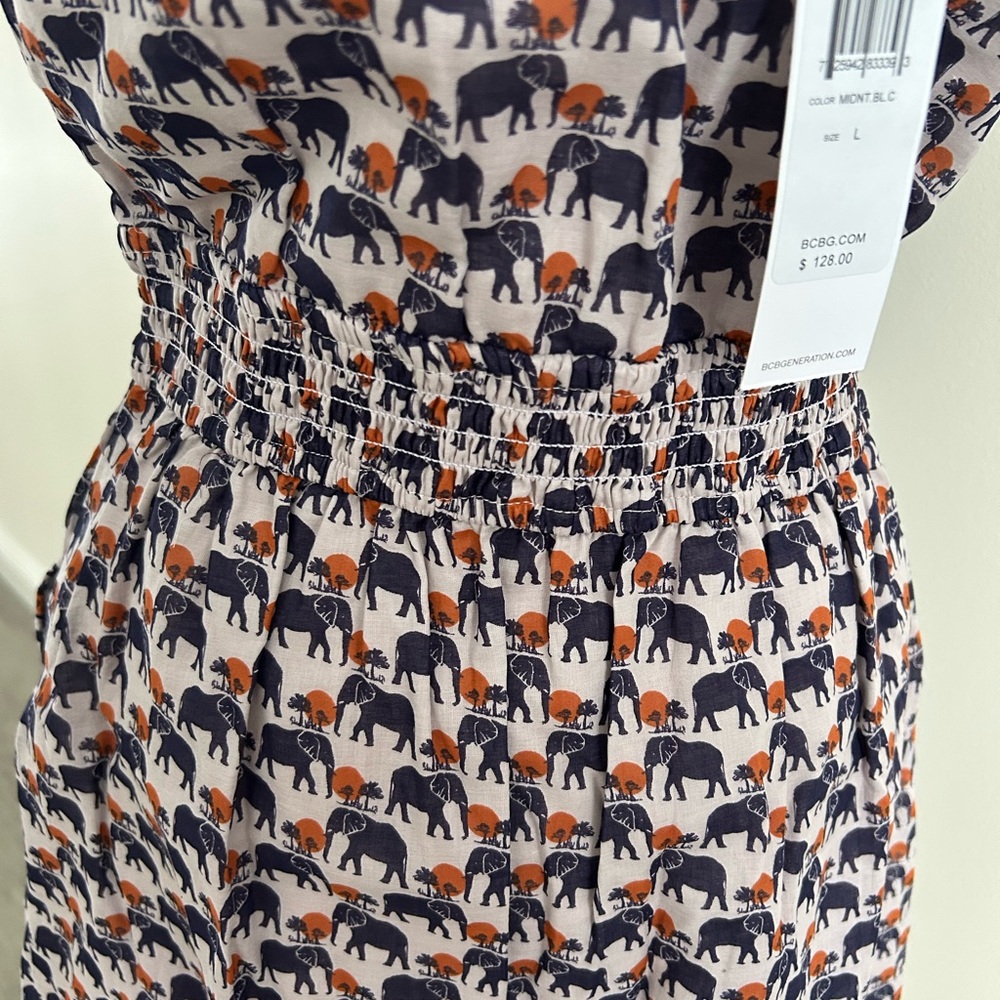 NWT BCBGeneration Strapless Elephant Print Dress Navy Orange Safari BUTTON Large - Picture 6 of 16
